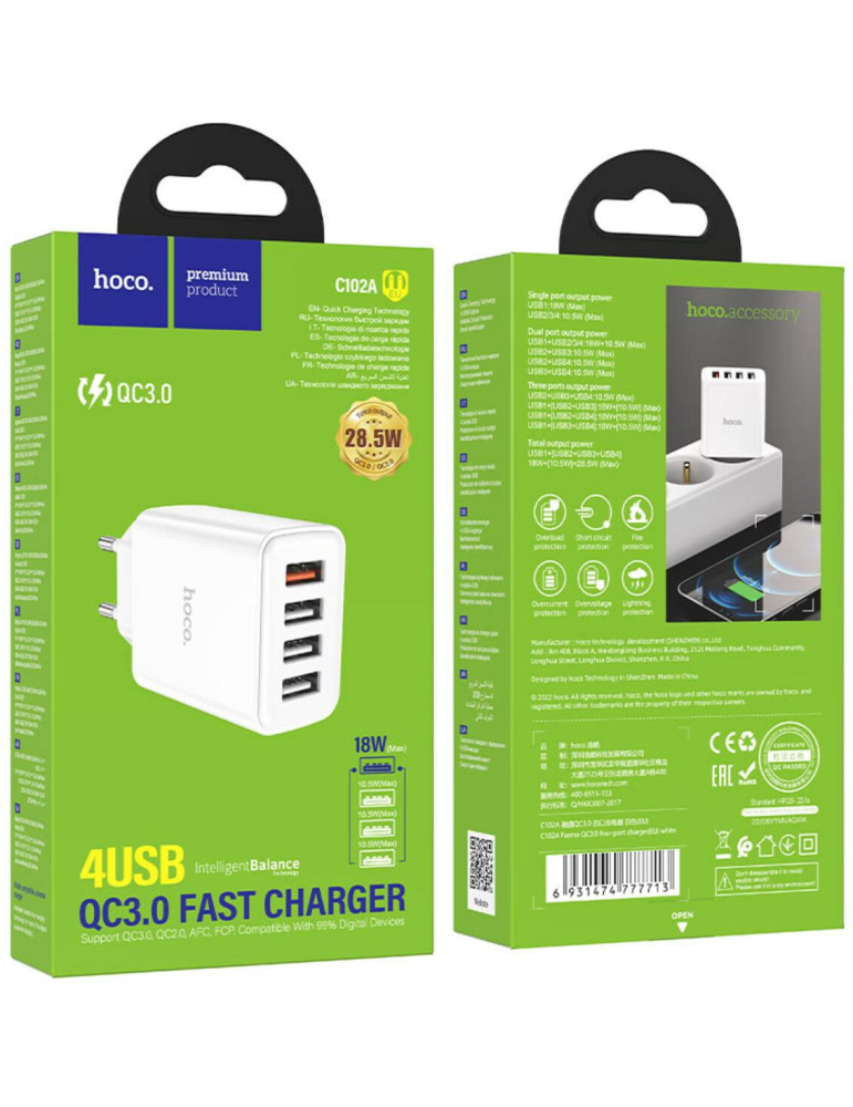 Hoco Premium C102A Adaptador de 4 USB QC3.0 De Carga Rápida Hasta 28.5W