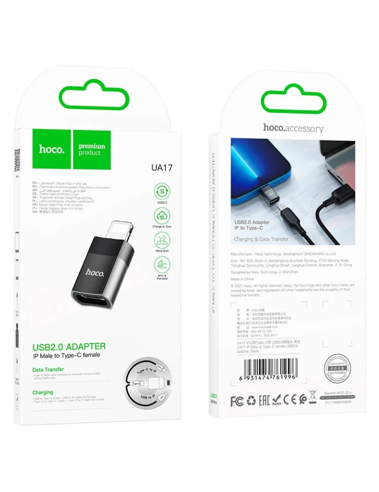 HOCO UA17 Adaptador USB 2.0 iP Lightning Macho a Tipo C Hembra Carga y Transferencia de Datos