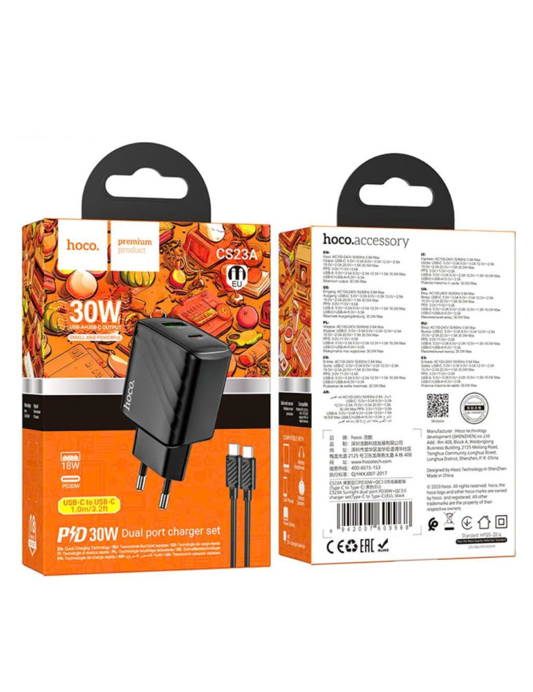 Adaptador de Carga Puerto DUAL HOCO CS23A PD30W+QC3.0+ Cable Tipo-C Tipo C 1M