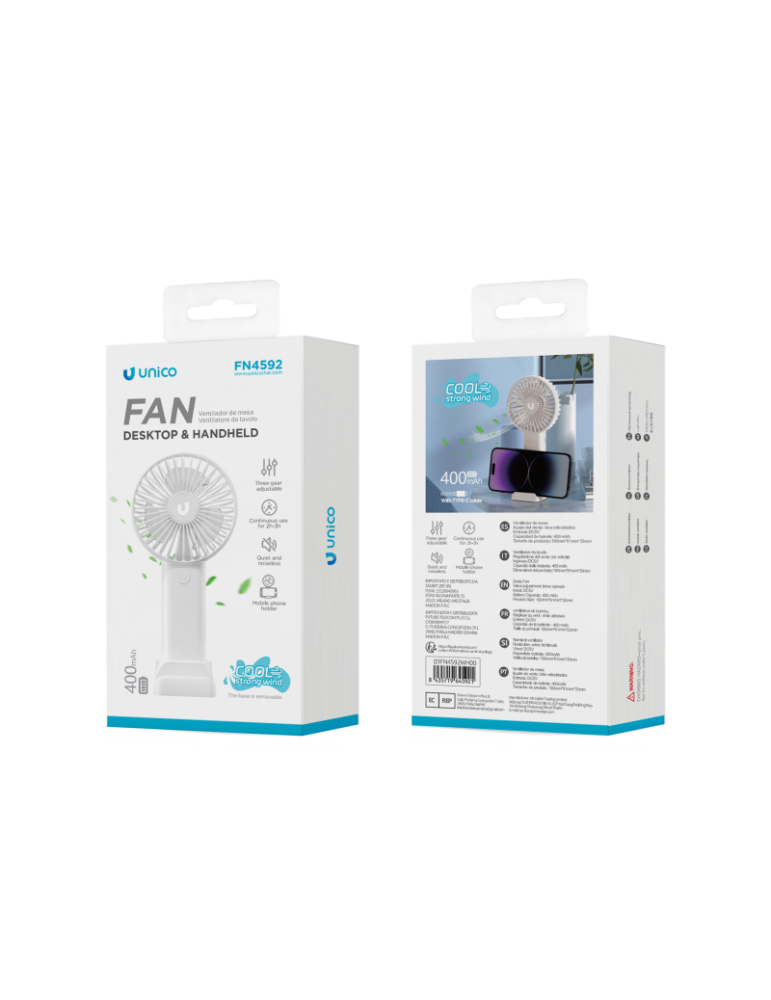 UNICO FN4592 Ventilador de Mesa Ajustable de Tres Velocidades 400mAH Blanco