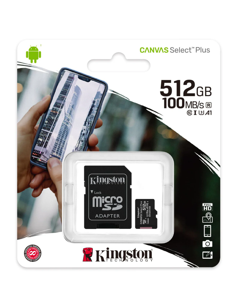 Tarjeta MicroSD Kingston CANVAS Select™ Plus 512GB 100MB/s Clase 10 + Adaptador