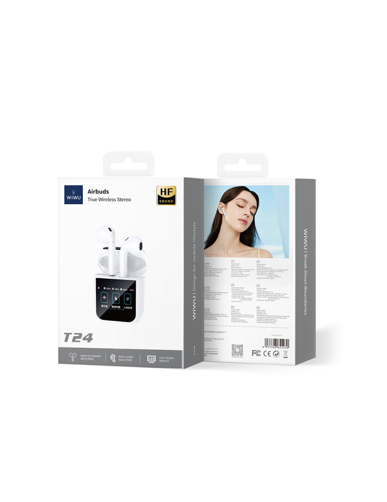WiWU T24 TWS Auriculares Inalámbricos con Pantalla Integrada, Blanco