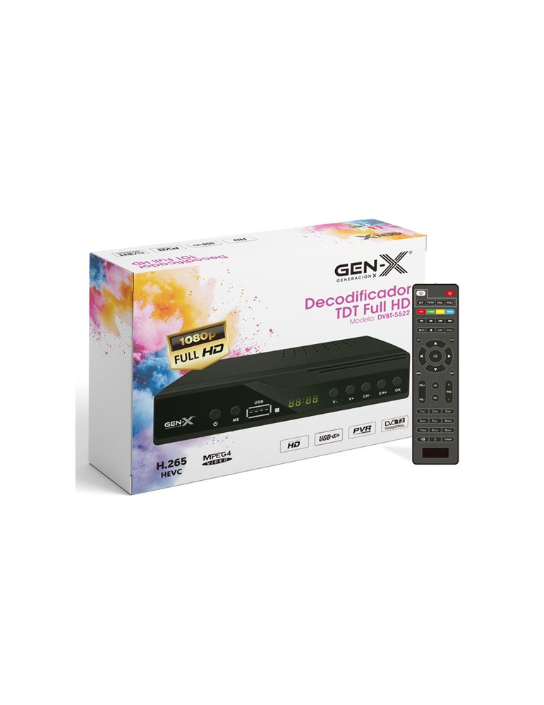 Gen-X TDT HD DVB-T2 H.265 PVR con USB, Televisión con Alta Defición, Negro