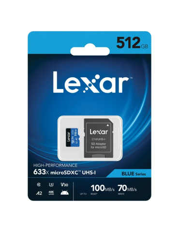 Lexar Blue 512 GB – Tarjeta microSDXC de Alta Velocidad (UHS‑I, C10, U3, V30, A2)