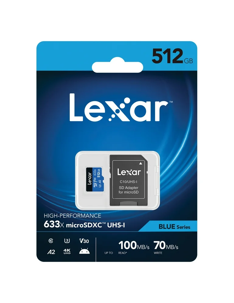 Lexar Blue 512 GB – Tarjeta microSDXC de Alta Velocidad (UHS‑I, C10, U3, V30, A2)