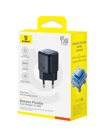 Cargador de Red Baseus PicoGo, 45W, 3A, 1 x USB-C, Negro