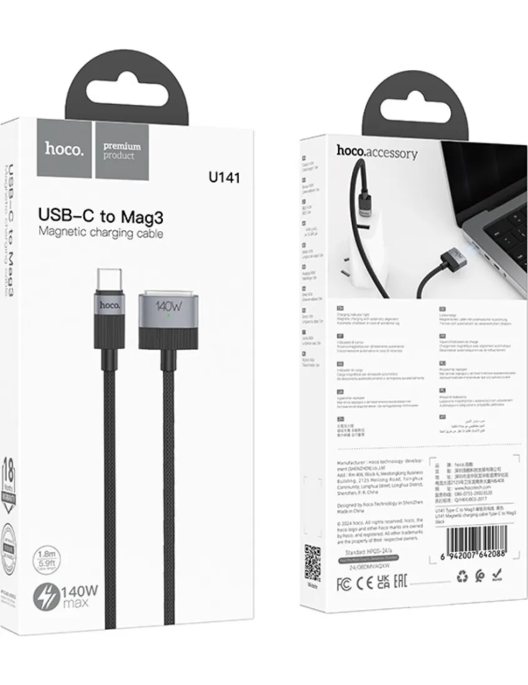 Hoco U141 Cable USB‑C ↔ MagSafe 3 – 140 W • 1,8 m • Negro