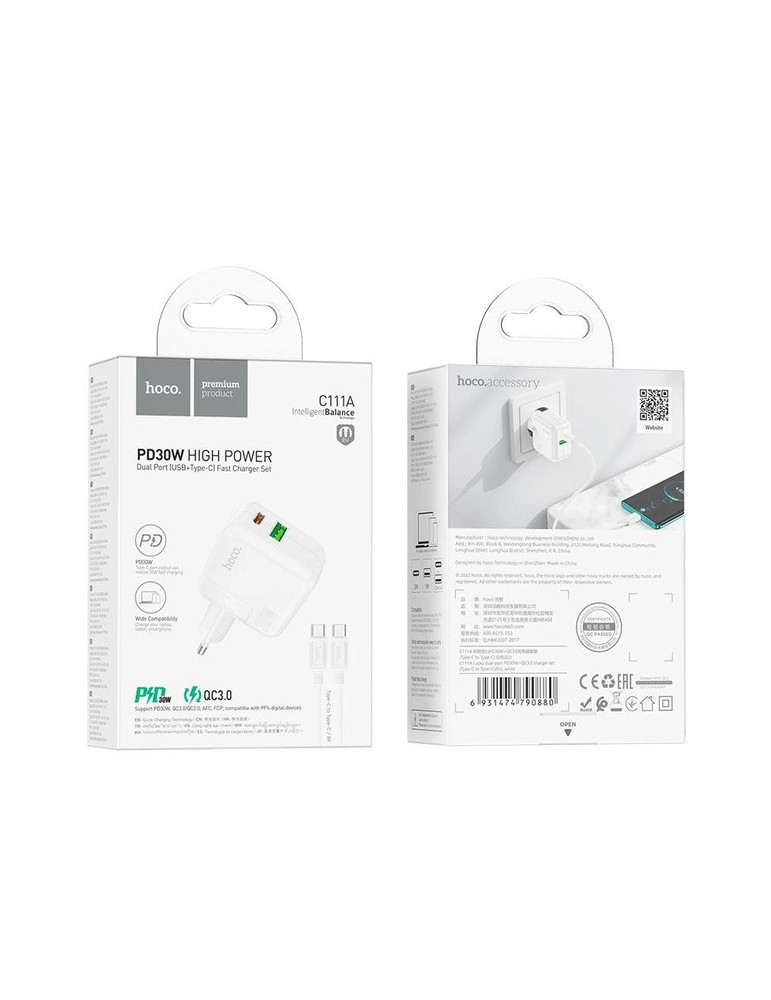 C111A Hoco Premium PD30W Adaptador de Carga Rápida Puerto Dual USB+Tipo C + Cable