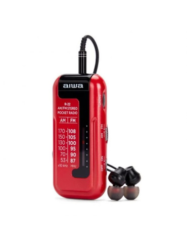 R-22BK Mini Radio Aiwa de Bolsillo con Auriculares AM/FM Stereo Rojo