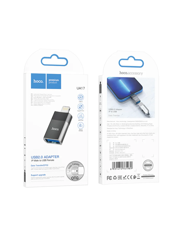 HOCO UA17 Adaptador iPhone Lightning Macho a USB Hembra OTG Transferencia de Datos USB2.0