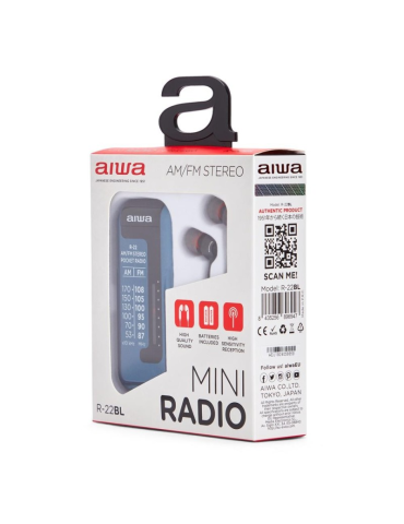 R-22BK Mini Radio Aiwa de Bolsillo con Auriculares AM/FM Stereo Azul